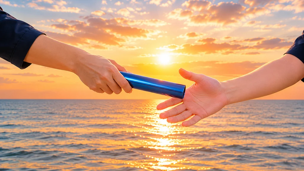 福津の海に沈む夕陽を背景に次世代へバトンをつなぐ様子